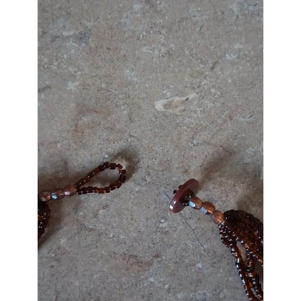 Brown Iridescent Seed Bead Multi Strand Knotted Tassel Lariat Statement Necklace